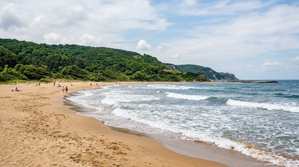 Waves rolling onto a sandy beach at Kilyos on the Black Sea