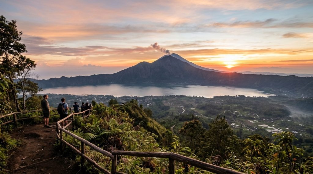 Sunrise over Mount Batur volcano from a viewpoint near Ubud