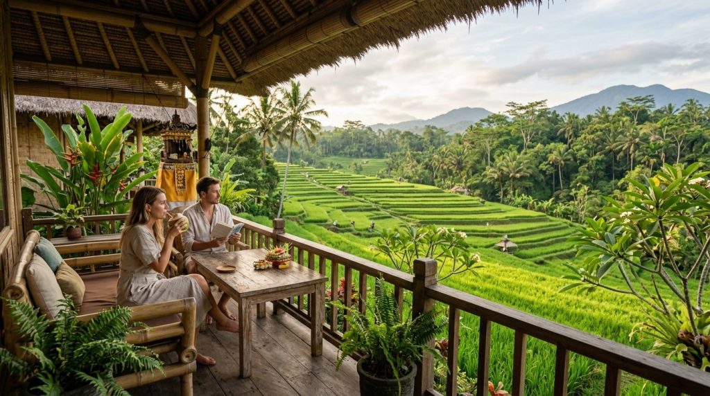 Jungle guesthouse terrace surrounded by rice paddies near Ubud
