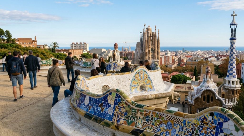 Colorful mosaic terrace with city views at Park Güell, Barcelona
