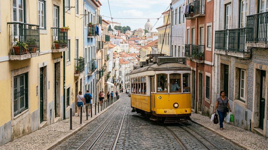 Yellow tram climbing a steep cobblestone street in Alfama, Lisbon
