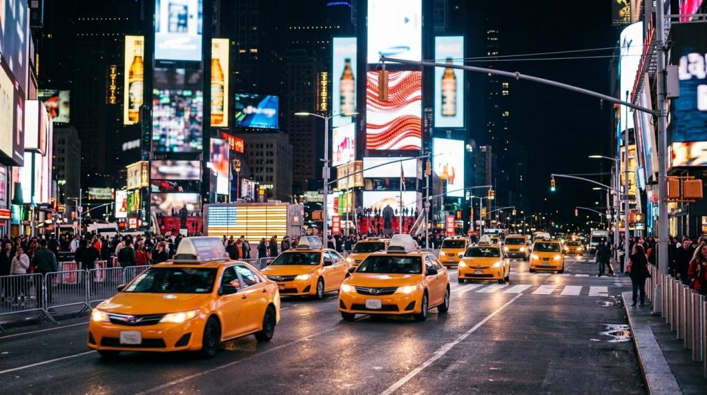 Yellow cabs streaming past bright billboards in Times Square, New York