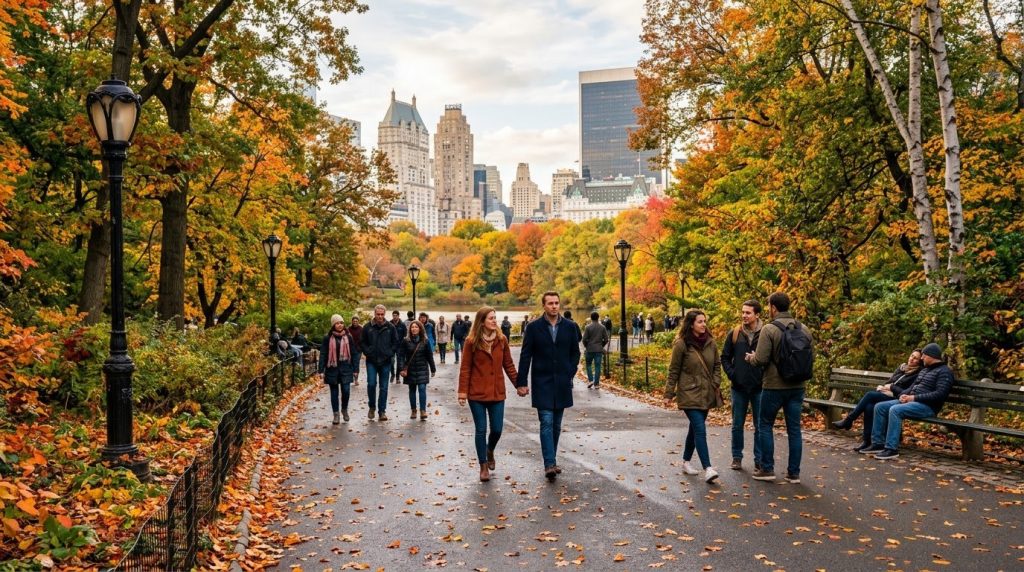 Visitors strolling along a tree-lined path through Central Park, New York