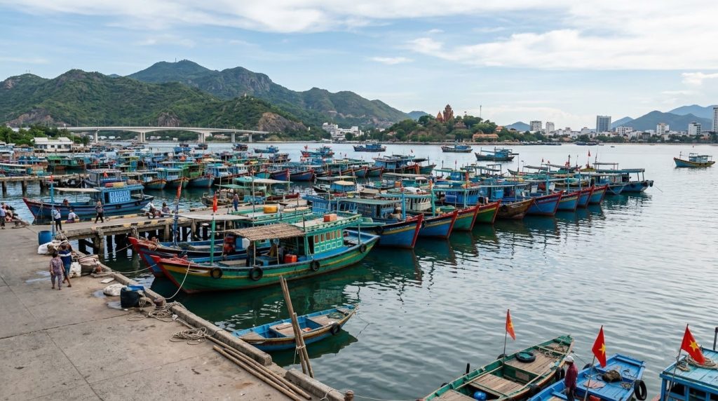 Tour boats docked at the harbor in Nha Trang