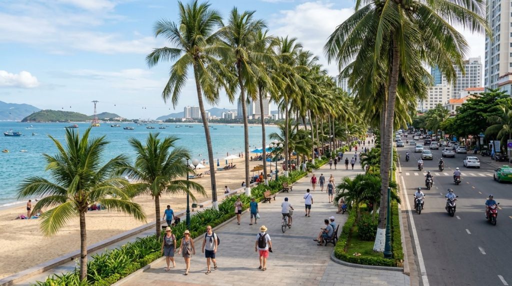 Palm-lined beachfront promenade along Tran Phu Street in Nha Trang