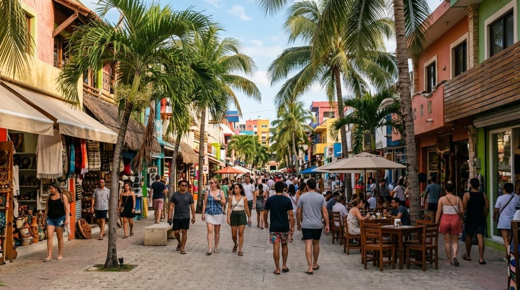 Pedestrian street lined with shops and palm trees on Fifth Avenue, Playa del Carmen
