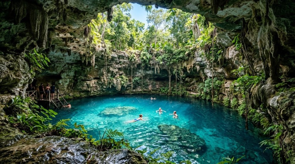Clear blue water inside a limestone cenote near Tulum, Mexico