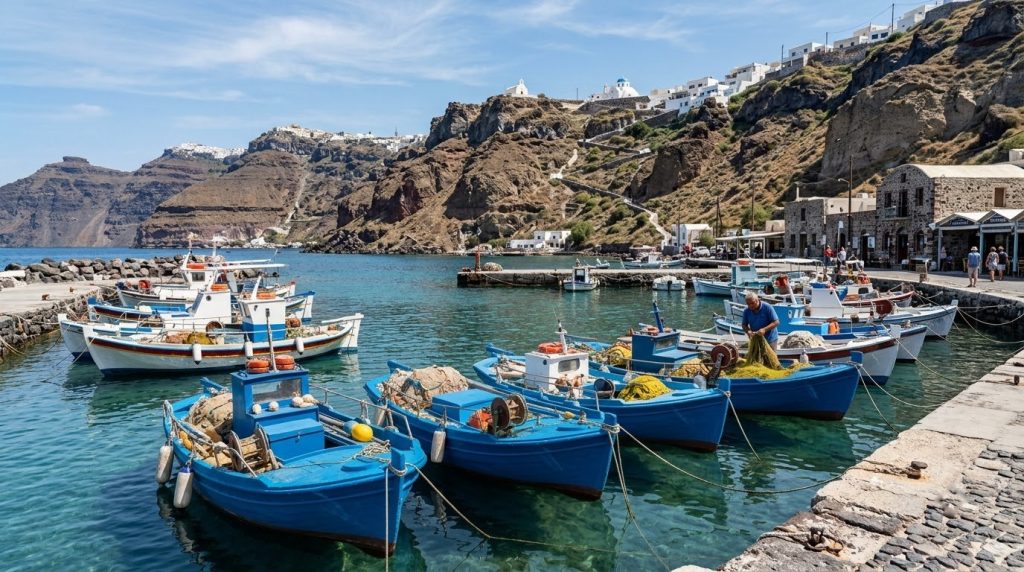 Small fishing boats in the harbor of Thirassia island