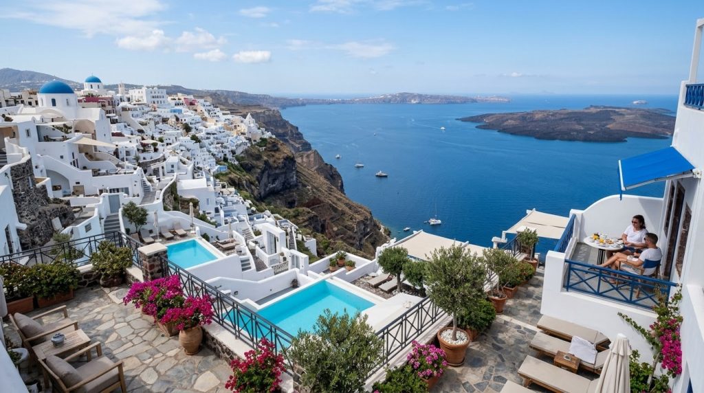 Cliffside hotel terraces overlooking the caldera in Santorini