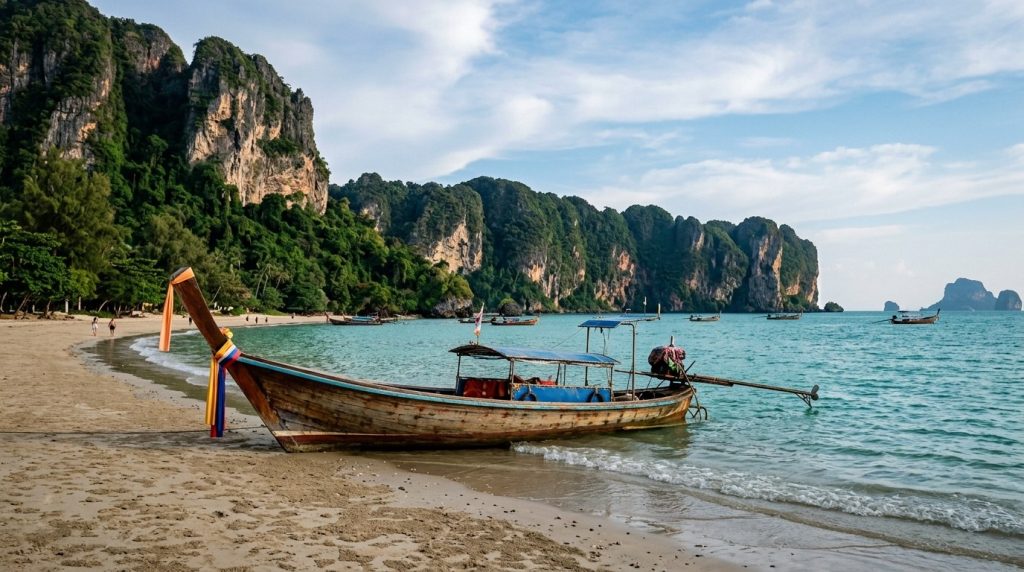 Longtail boat beached on the limestone-lined sand of Railay Beach