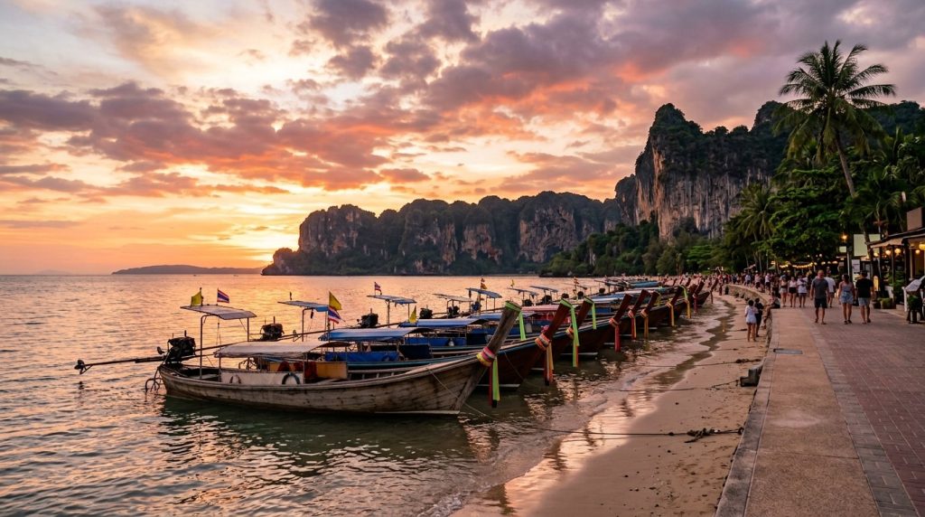 Row of longtail boats moored along the Ao Nang beachfront promenade