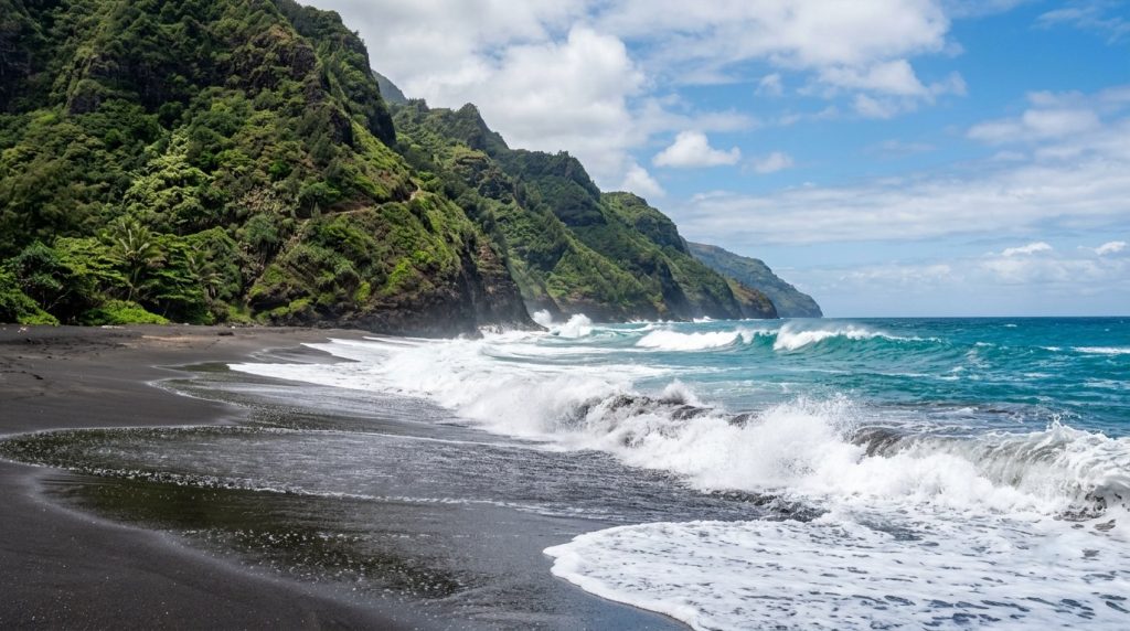 Waves breaking along a black sand beach on Kauai, Hawaii