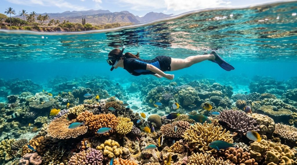 Snorkeler floating above a coral reef in clear water off Maui