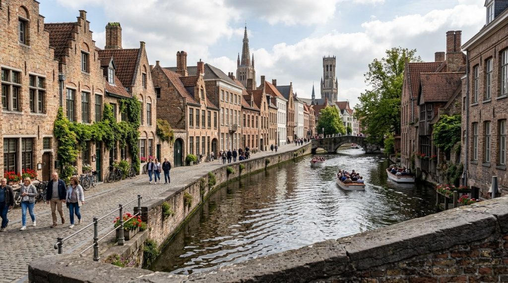 Canal lined with medieval houses in the historic center of Bruges