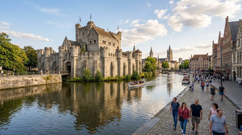 Gravensteen castle beside a canal in Ghent, Belgium