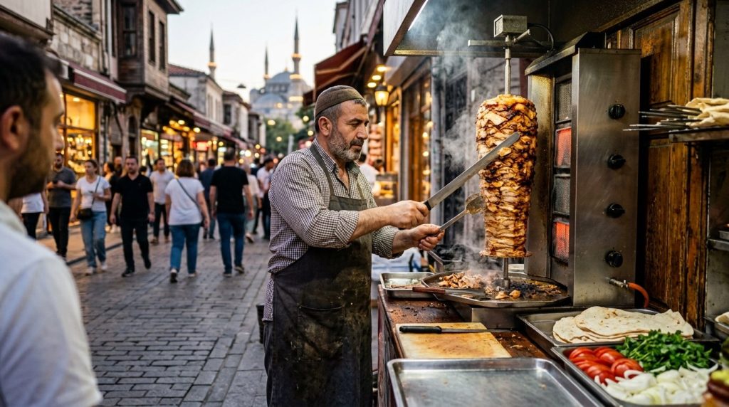 Street vendor grilling doner kebab at a stall in Istanbul