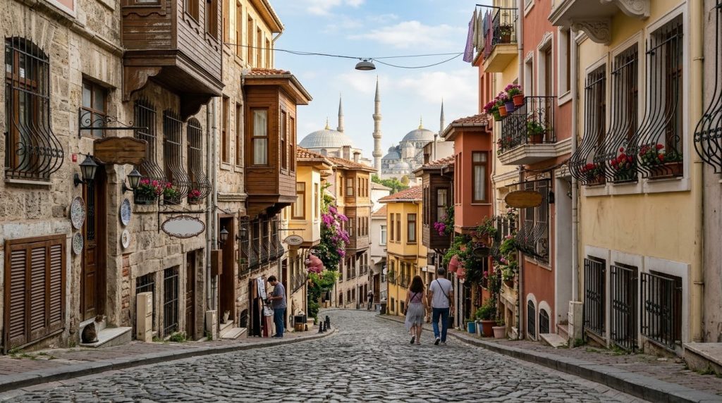 Cobbled street lined with small hotels in Istanbul's Sultanahmet