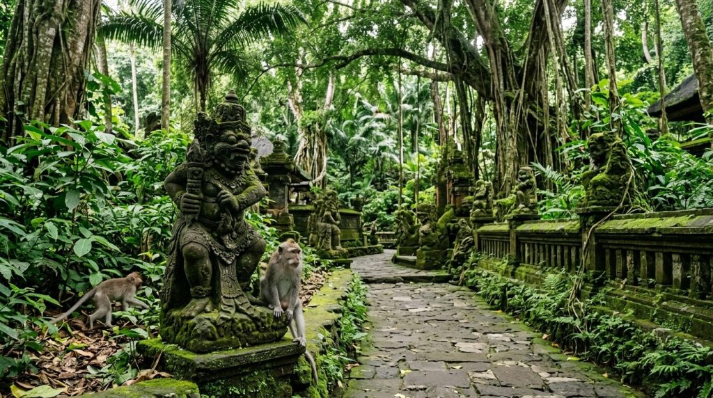 Stone statues beneath a lush canopy at Ubud's Monkey Forest Sanctuary