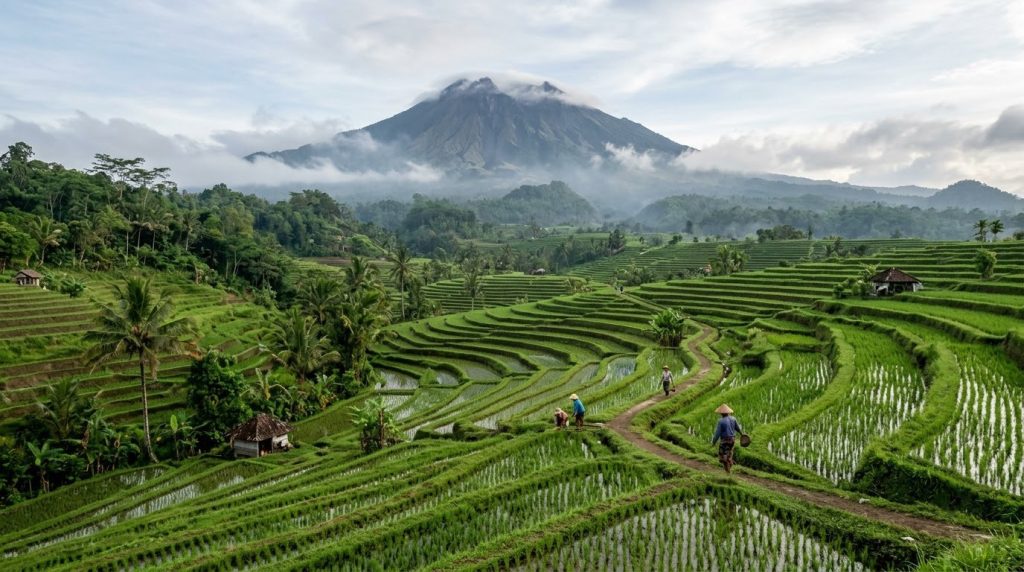 Terraced rice fields near the misty slopes of Mount Batur, Bali