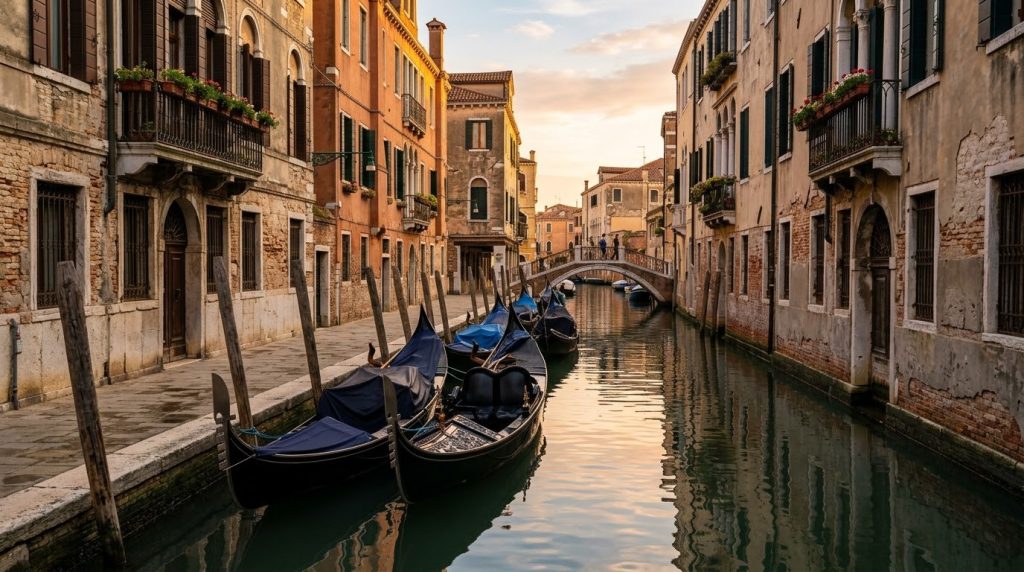Gondolas moored along a quiet narrow canal in Venice at dusk