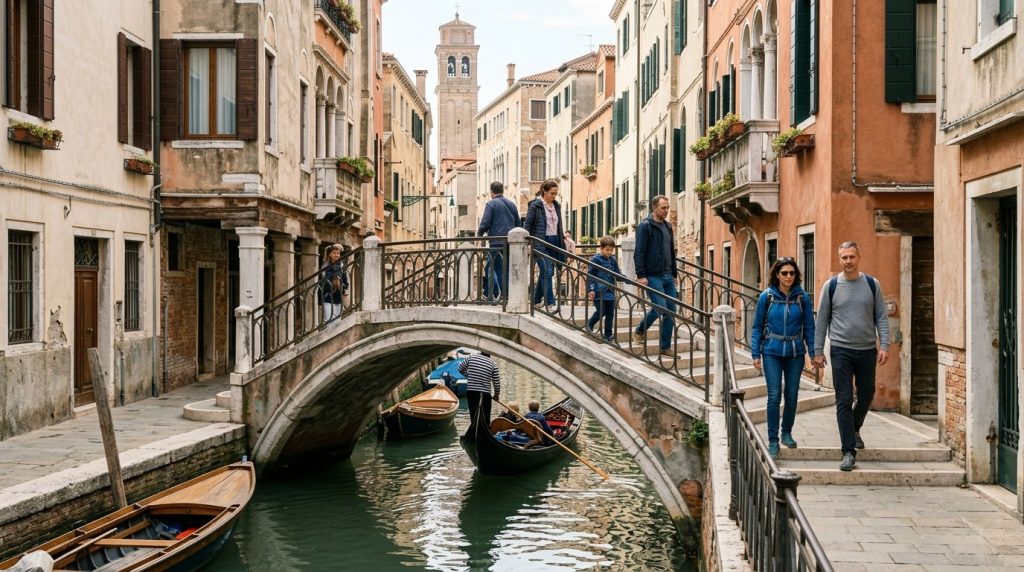 Pedestrians crossing a small stone bridge over a Venice side canal