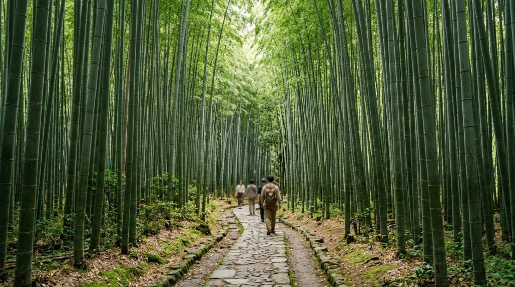 Tall bamboo stalks lining a path through Arashiyama bamboo grove, Kyoto