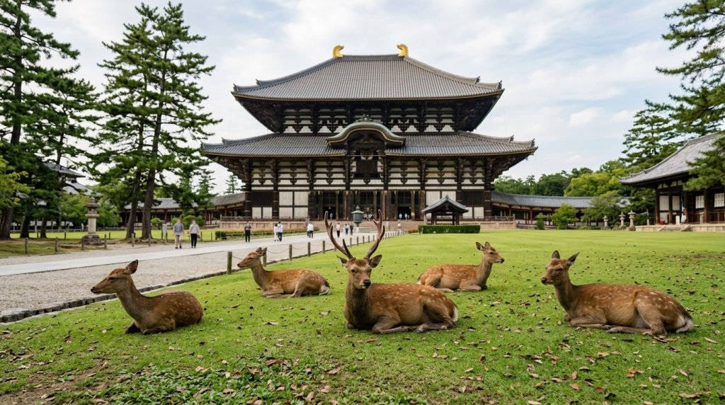 Wild deer resting on the grass near Todaiji temple grounds in Nara