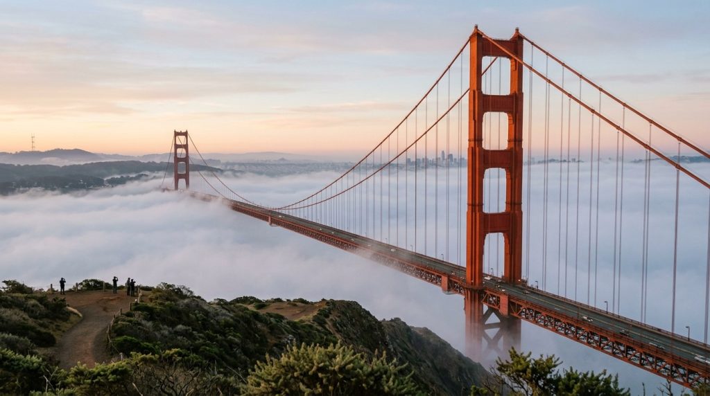 Golden Gate Bridge towers rising through morning fog