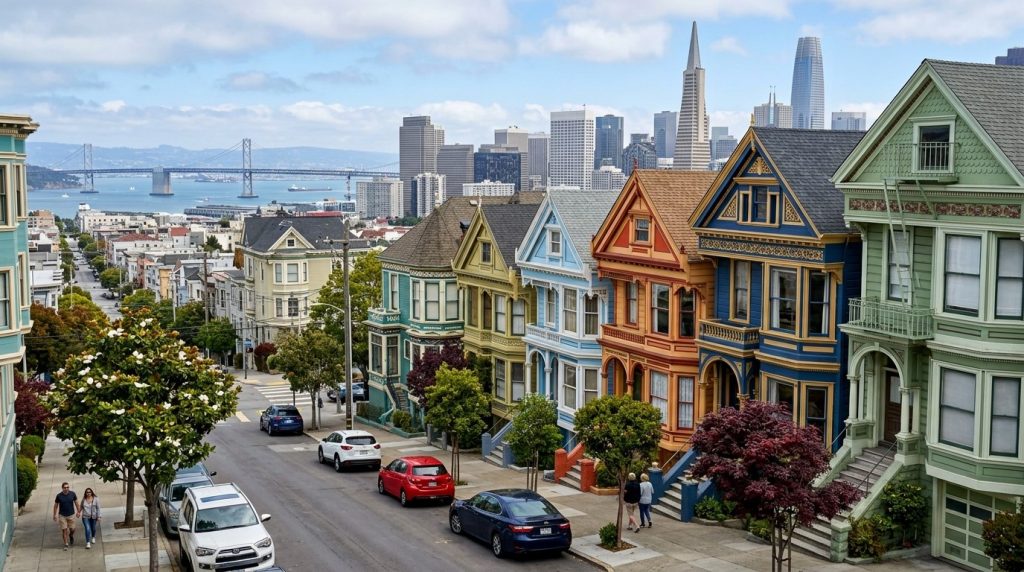 Colorful Victorian houses along a hillside street in San Francisco