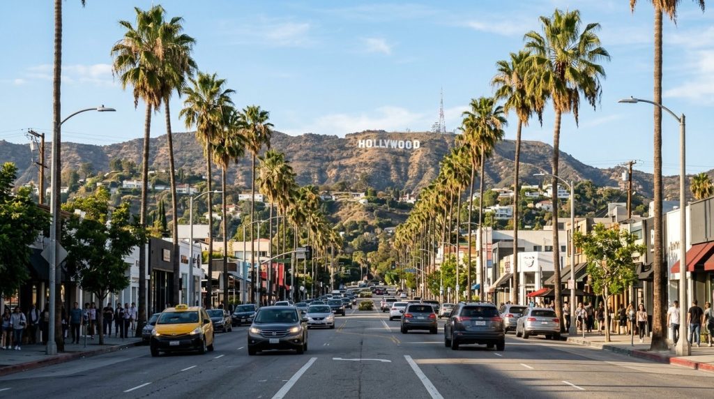 Palm trees and Hollywood Hills visible along Sunset Boulevard, Los Angeles