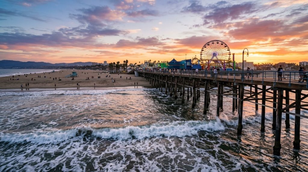 Waves rolling into the pier at Santa Monica Beach, Los Angeles