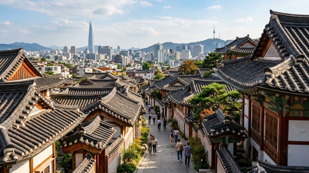 Colorful hanok rooftops in the Bukchon Hanok Village in Seoul