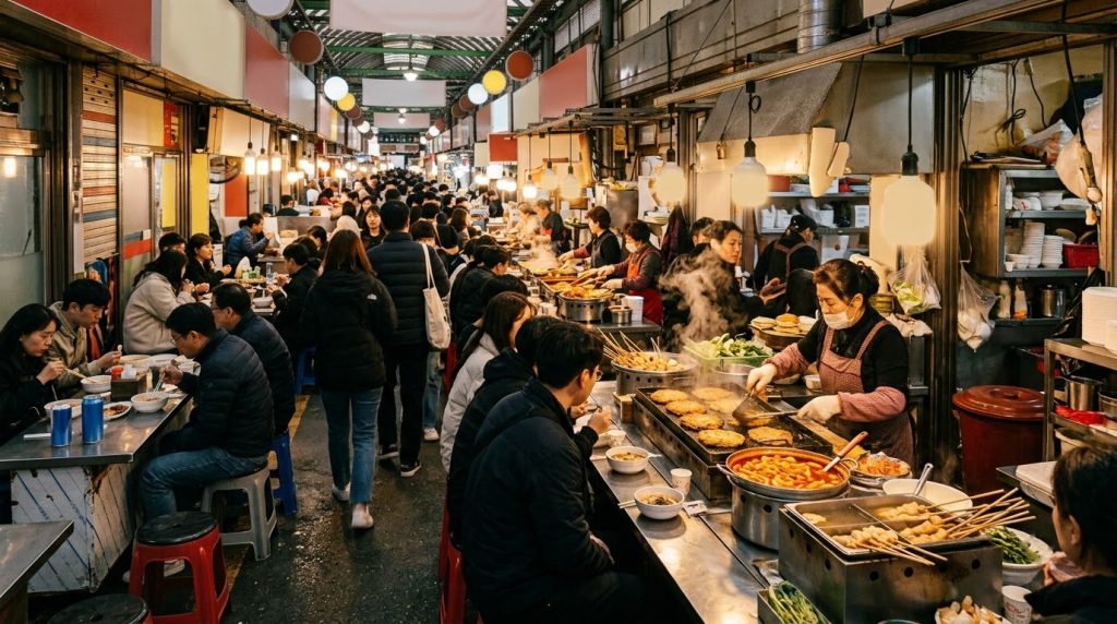 Busy stalls of the Gwangjang Market with food vendors