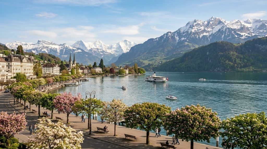 Spring blossoms on the shore of Lake Lucerne with snowy peaks behind