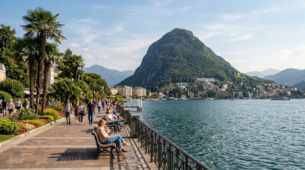 Lugano lakefront promenade with Monte San Salvatore across Lake Lugano
