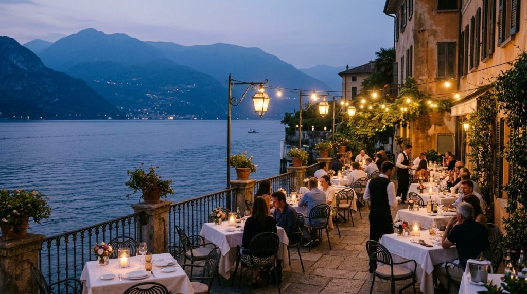 Lakeside restaurant terrace in Bellagio overlooking Lake Como at dusk