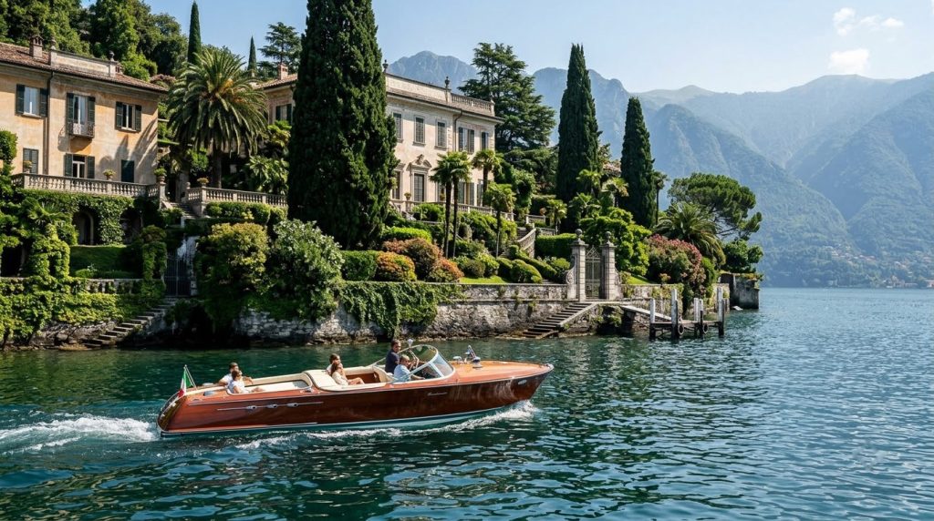 Wooden boat cruising past a lakeside villa garden on Lake Como near Tremezzo
