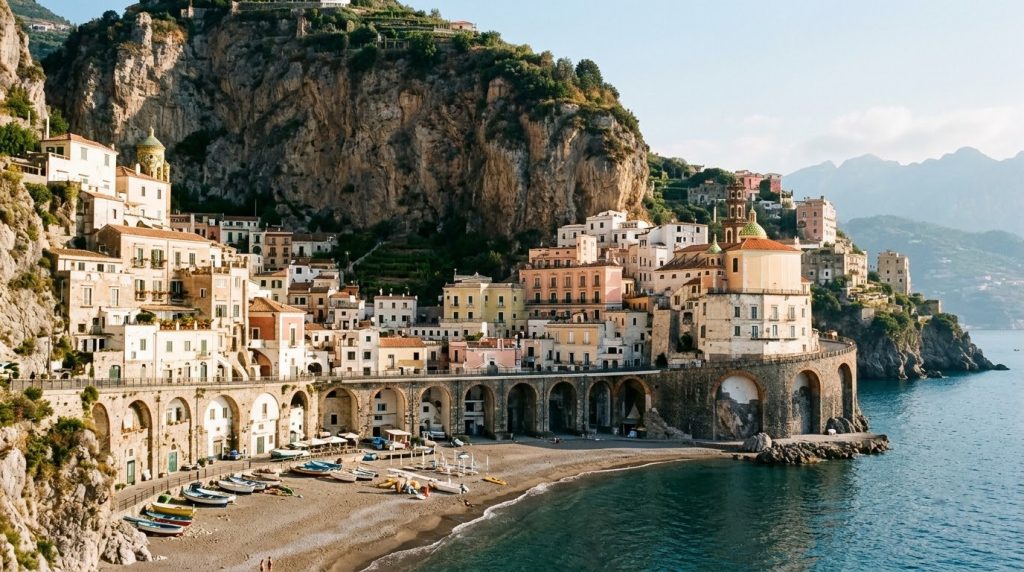 Colourful houses of Atrani above a small beach on the Amalfi Coast