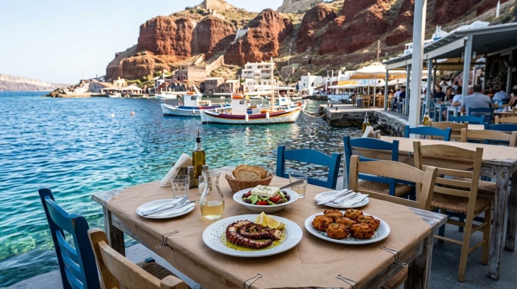 Grilled octopus and tomato fritters at a seaside taverna in Ammoudi Bay Santorini