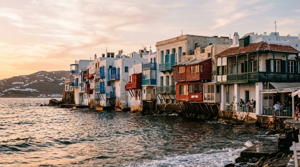 Little Venice waterfront houses at sunset in Mykonos Town Greece