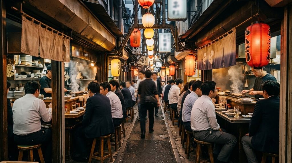 Lantern-lit izakaya alley at Omoide Yokocho in Shinjuku Tokyo in the evening