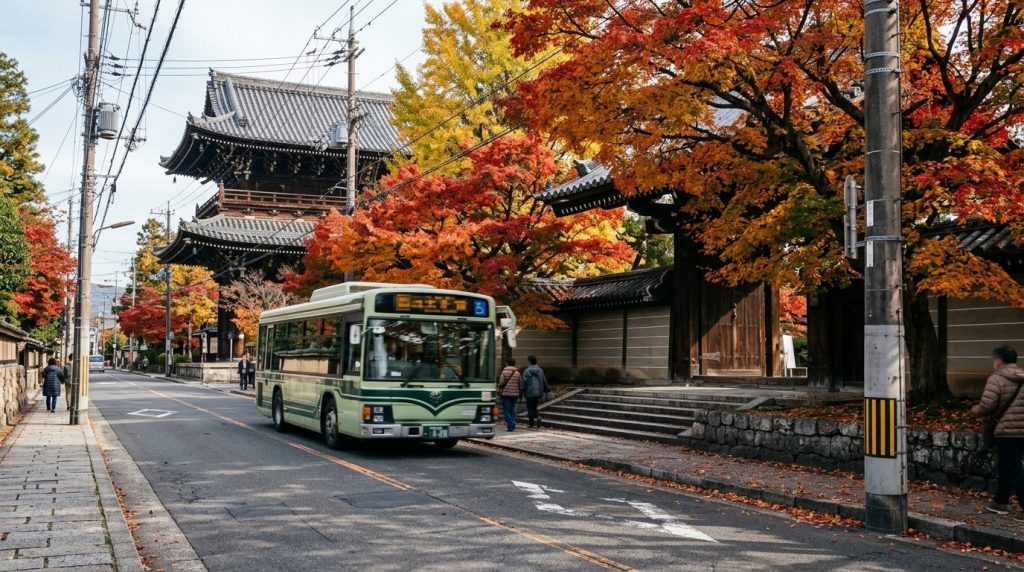 City bus passing a temple gate on a tree-lined street in Kyoto in autumn