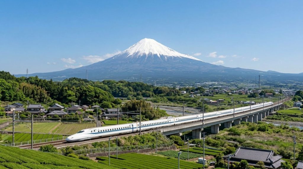 Shinkansen bullet train passing with Mount Fuji in the background in Japan