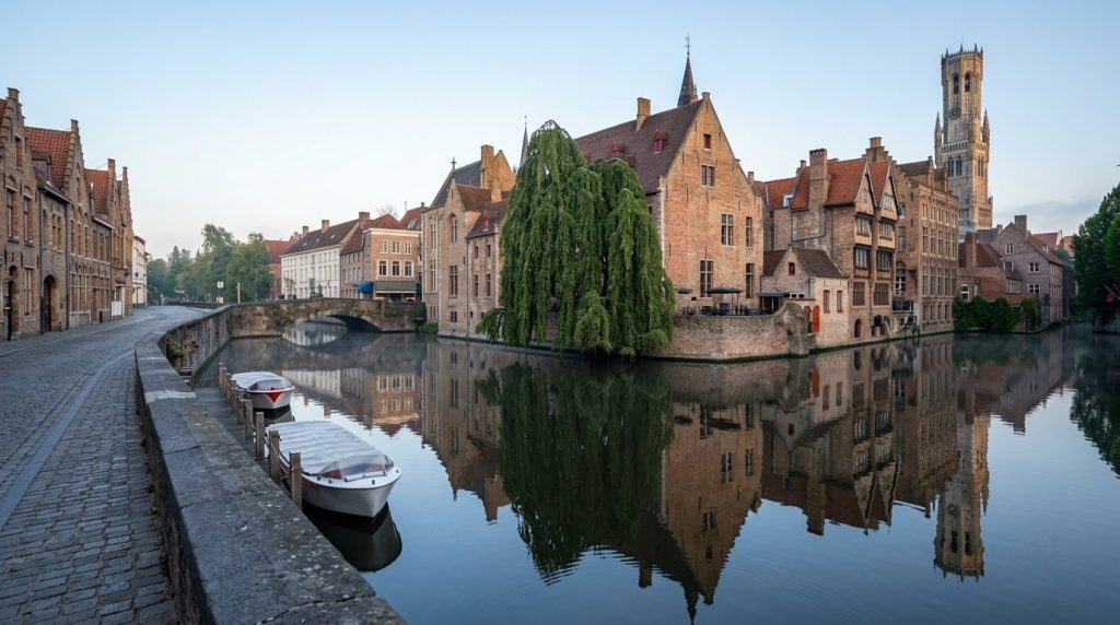 Early-morning reflections on the Rozenhoedkaai canal in Bruges Belgium