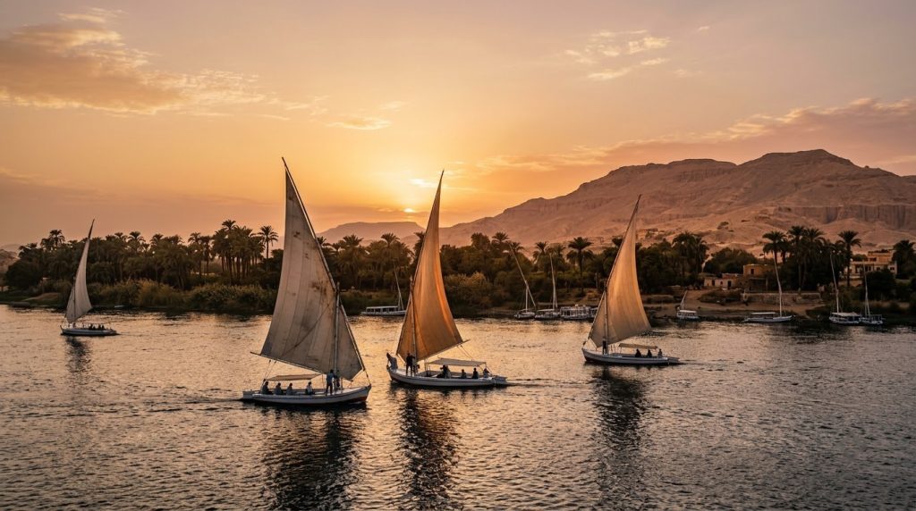 Felucca sailboats on the Nile at sunset in Luxor Egypt