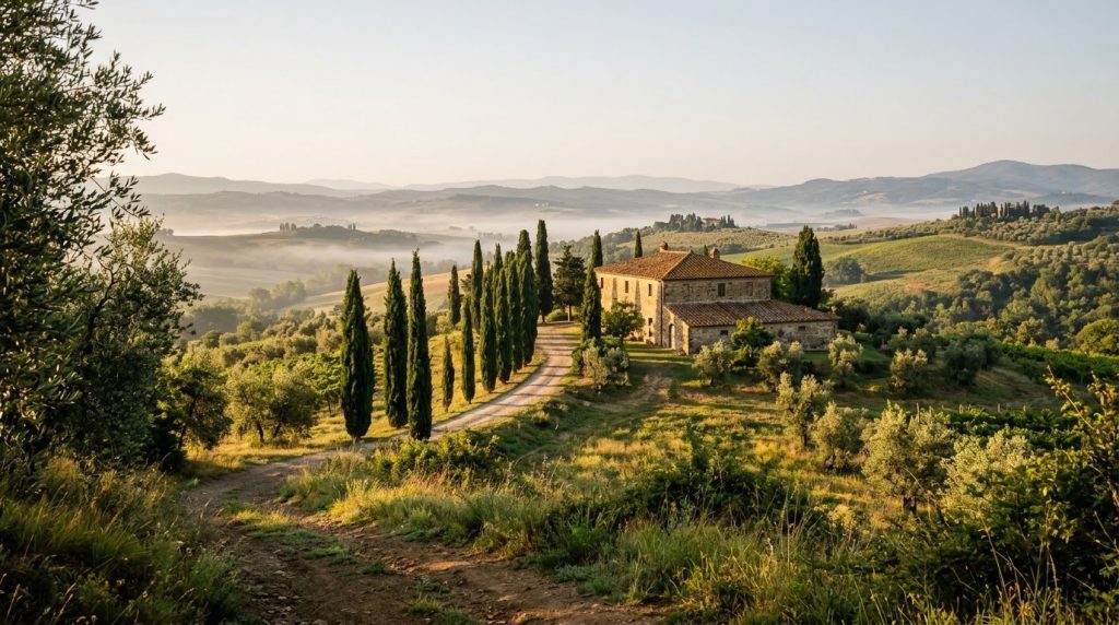 Cypress trees and a stone farmhouse in the Tuscan countryside near Florence