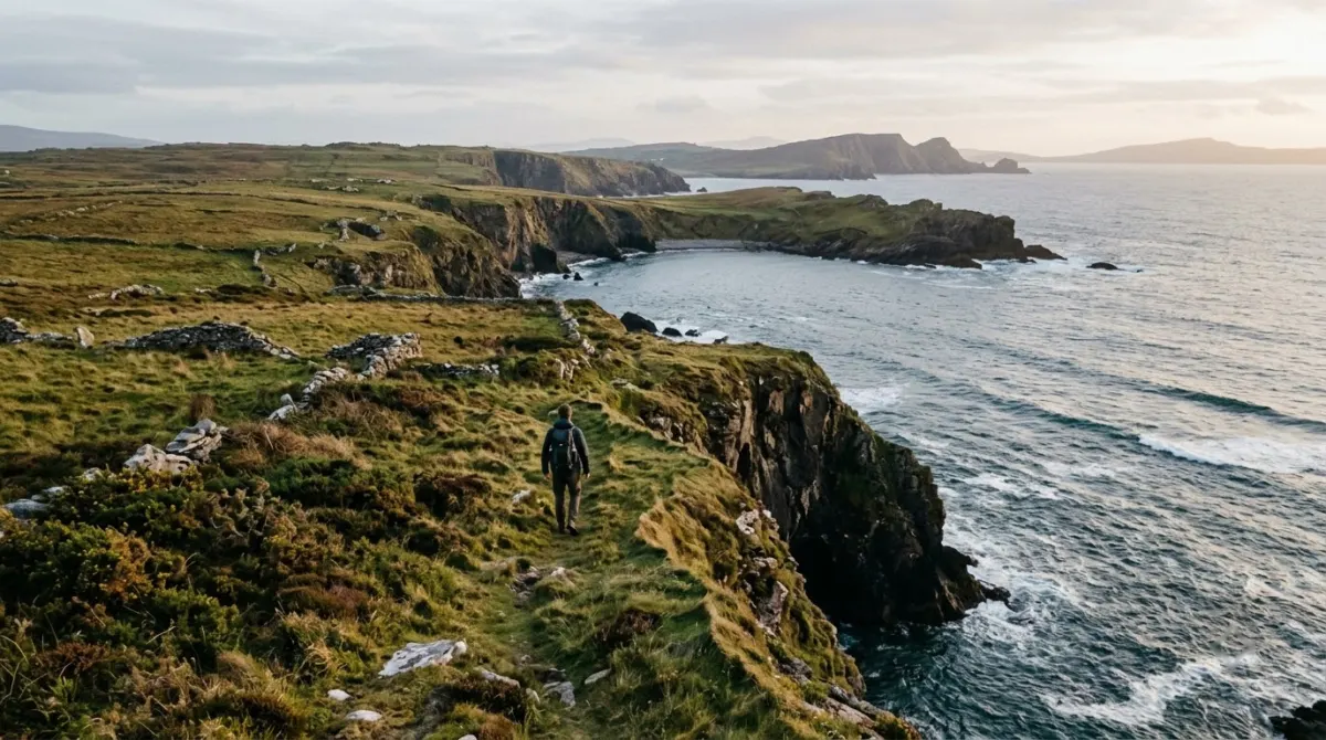 A lone walker on a grassy clifftop path above a quiet Atlantic bay in soft evening light, west of Ireland