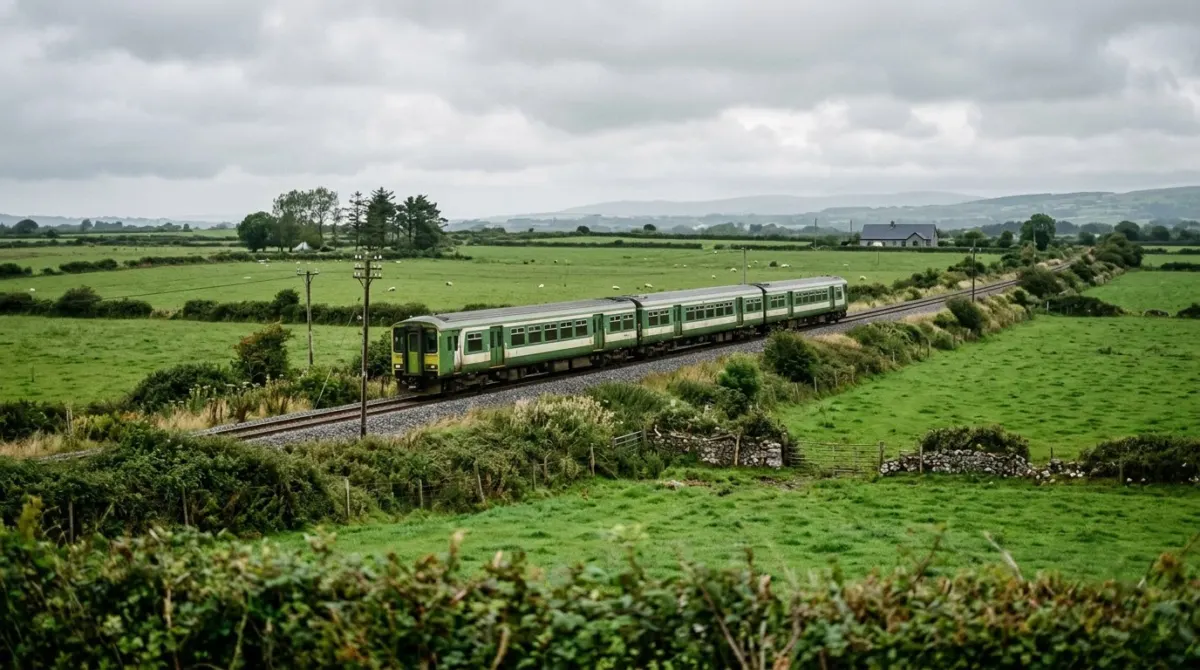 A green and white passenger train running through flat green fields with hedgerows on an overcast day, Ireland