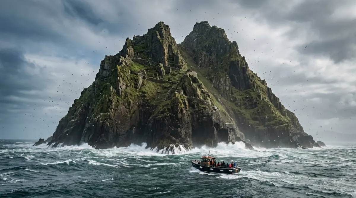 A steep rocky island rising sharply out of a rough Atlantic sea with a small boat in the swell, Skellig Michael, County Kerry, Ireland