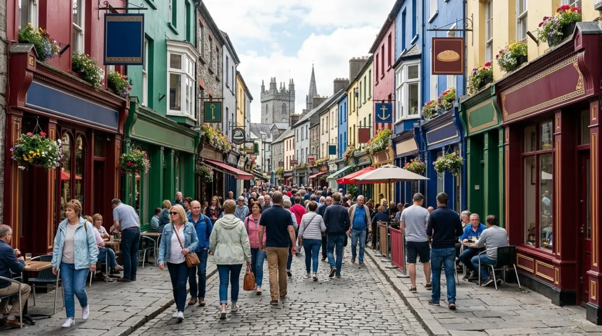 A busy narrow medieval high street with painted shopfronts and people walking on a summer weekend, Kilkenny, Ireland